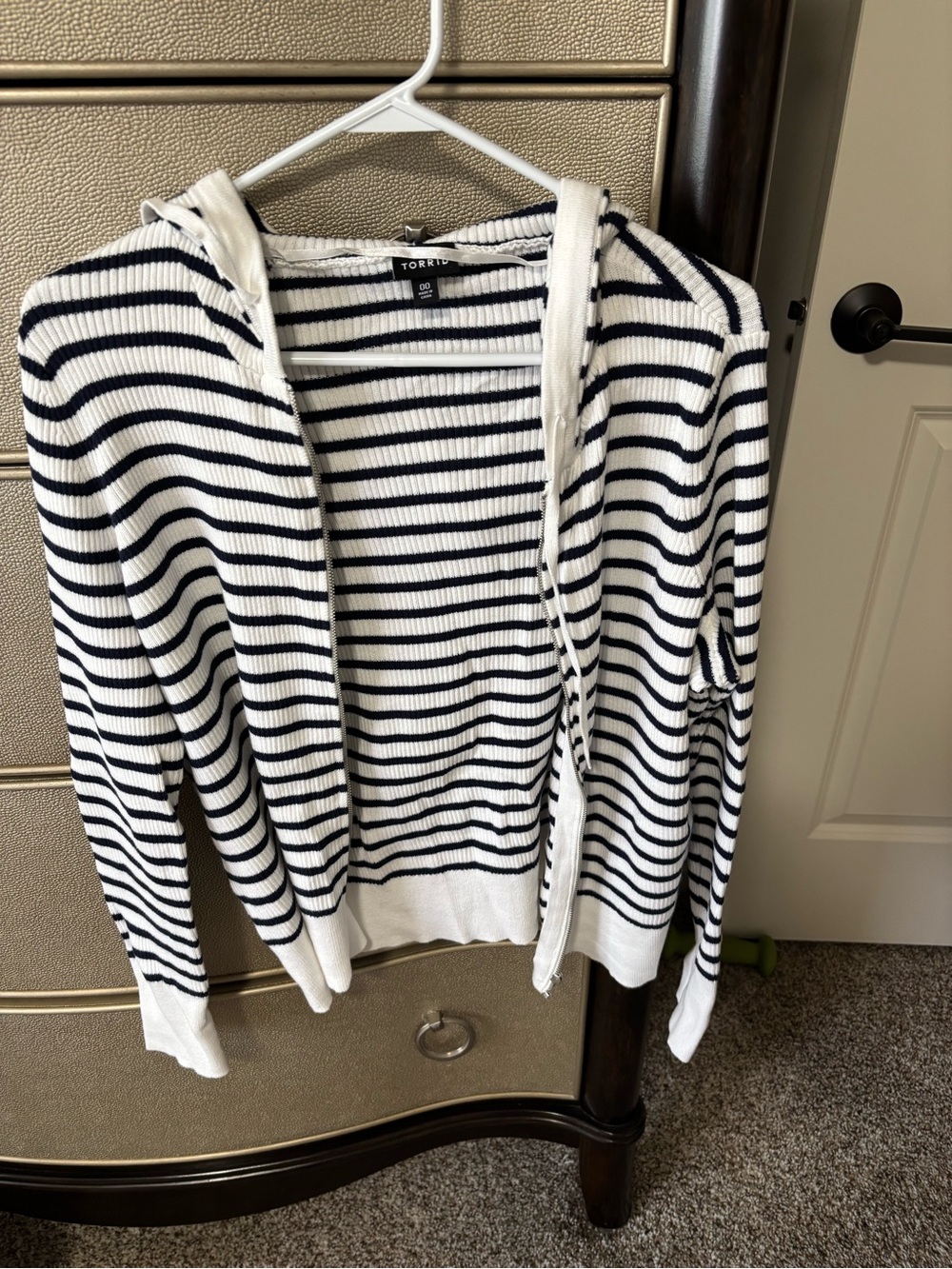 torrid White and Navy Striped Hooded Zip Cardigan